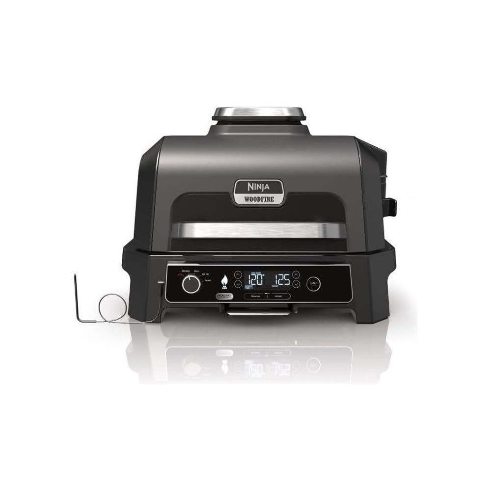 Ninja Woodfire barbecue électrique, grill, fumoir & air fryer, barbecue extérieur 7 en 1, grill, air fryer, fumer, rôtir, four, résistant aux intempéries, antiadhésif, portatif, gris/noir OG701EU