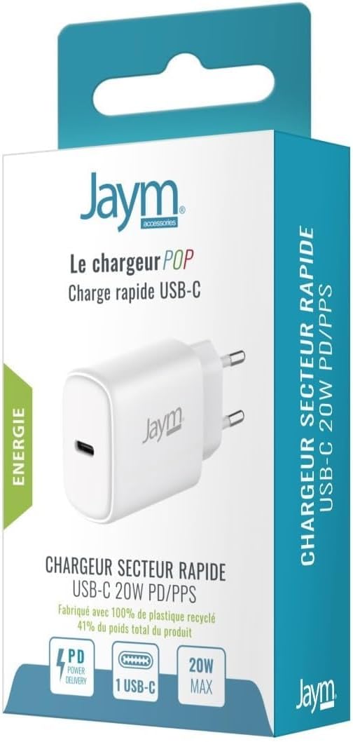 JAYM Chargeur iPhone/MacBook/iPad Pro/Samsung/Google/Android - Chargeur Rapide 20W - Chargeur USB-C - Chargeur Blanc