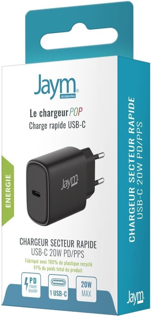 JAYM Chargeur iPhone/MacBook/iPad Pro/Samsung/Google/Android - Chargeur Rapide 20W - Chargeur USB-C - Chargeur Noir