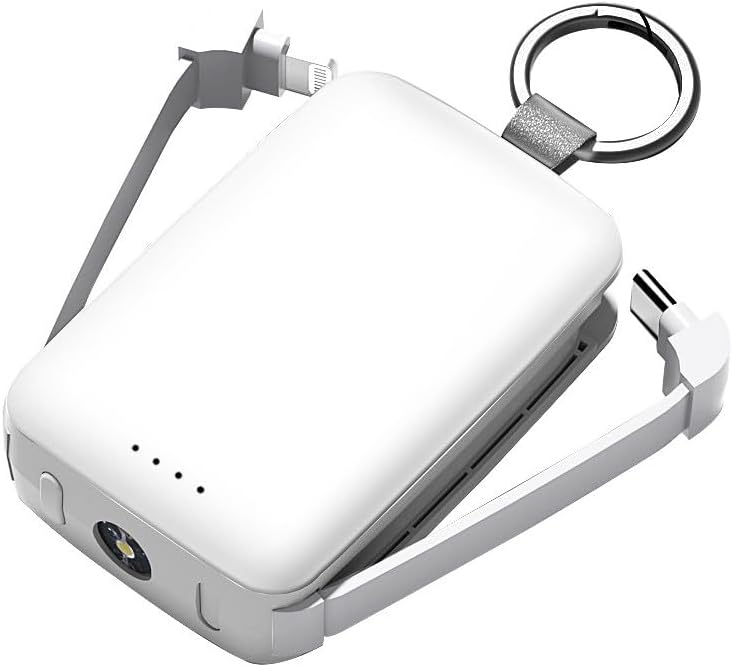 JAYM Batterie de Secours Porte-clés - 4.000 Mah - Cables USB-c Et Lightning Integrés - Lampe Torche - Blanche