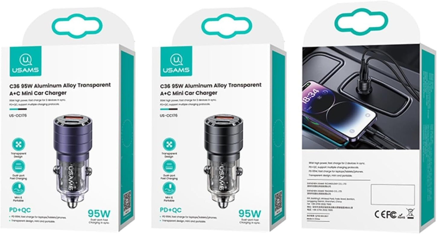 Chargeur Voiture Ultra-Rapide 95w : USB-C PD 65W + USB-A QC 30W - Noir - USAMS
