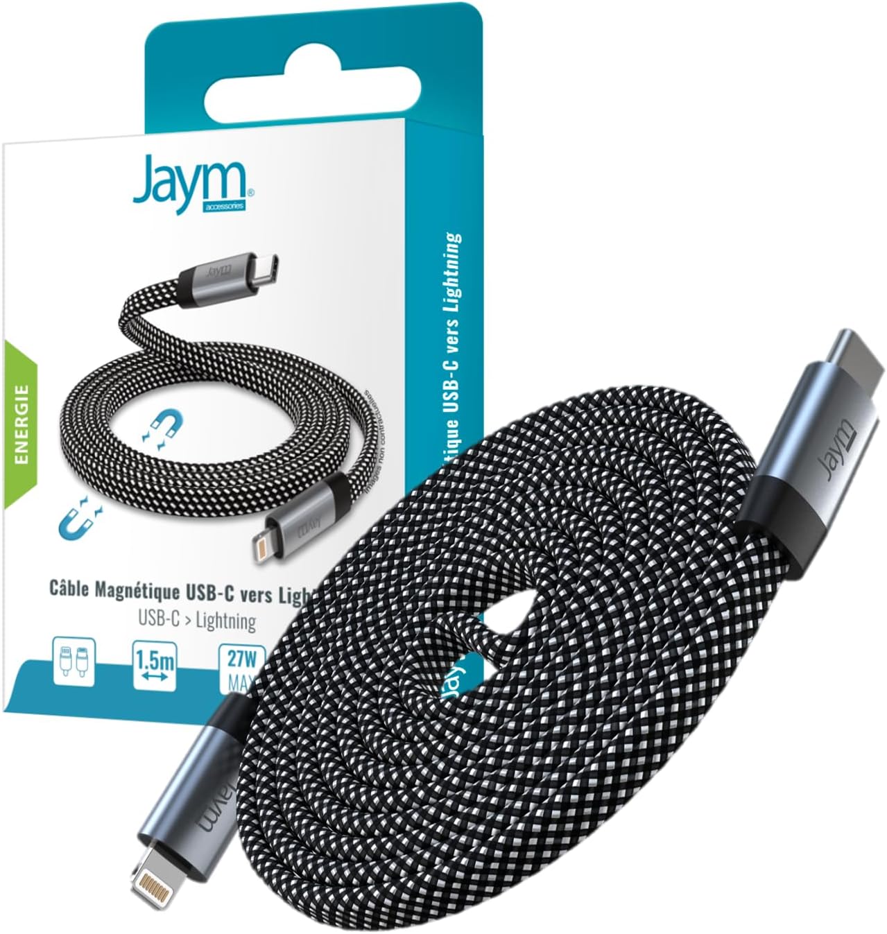 JAYM Cable Charge & Synchro USB-c vers Lightning Pd 3.0 (27w) - Magnétique Format Plat - Longueur 1.5m - Gris
