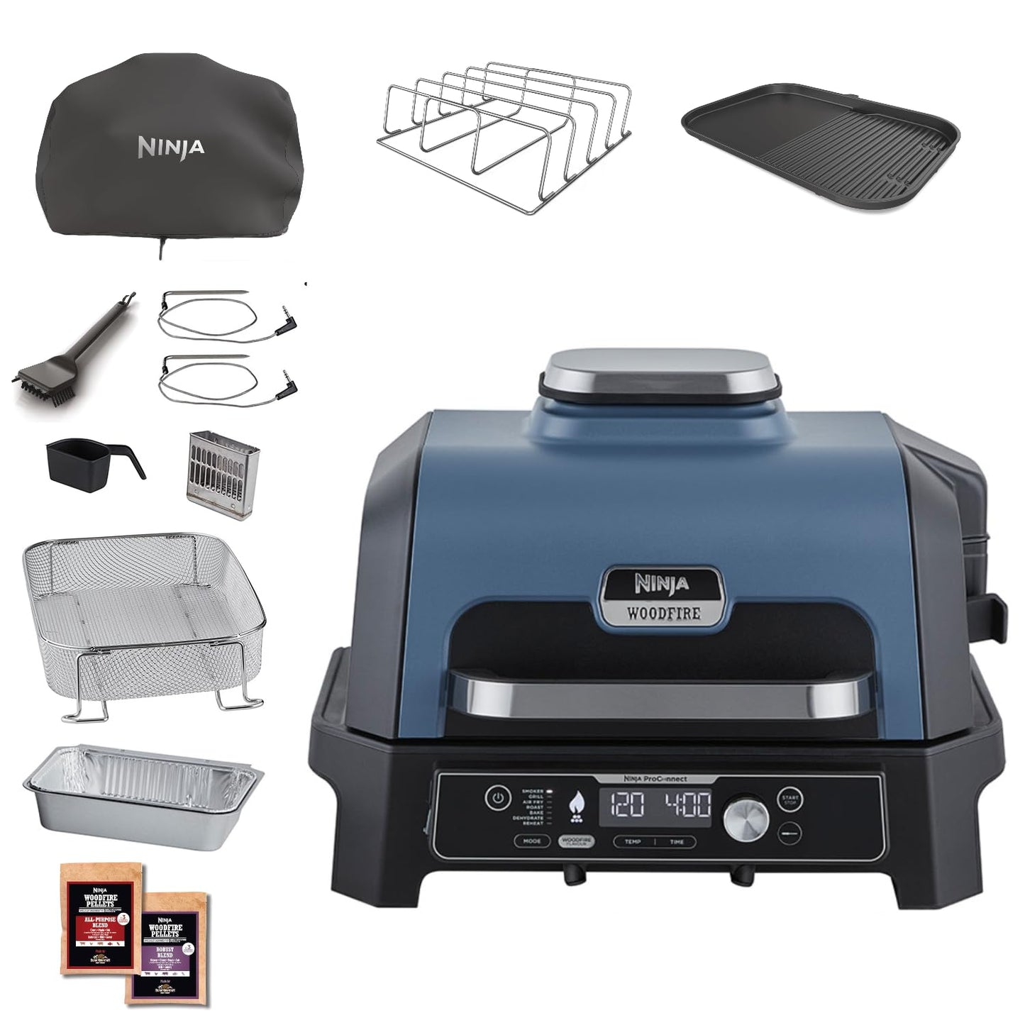 Ninja Woodfire barbecue électrique, grill, fumoir & air fryer, barbecue extérieur 7 en 1, grill, air fryer, fumer, rôtir, four, résistant aux intempéries, antiadhésif, portatif, gris/noir OG701EU