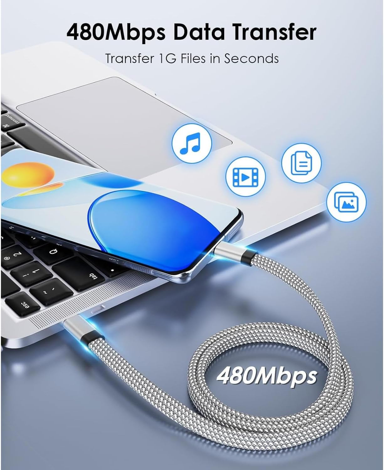 JAYM Cable Charge & Synchro USB-c vers Lightning Pd 3.0 (27w) - Magnétique Format Plat - Longueur 1.5m - Gris