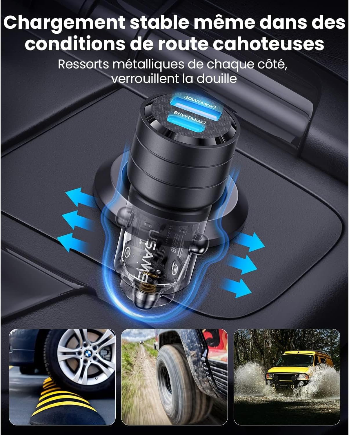 Chargeur Voiture Ultra-Rapide 95w : USB-C PD 65W + USB-A QC 30W - Noir - USAMS