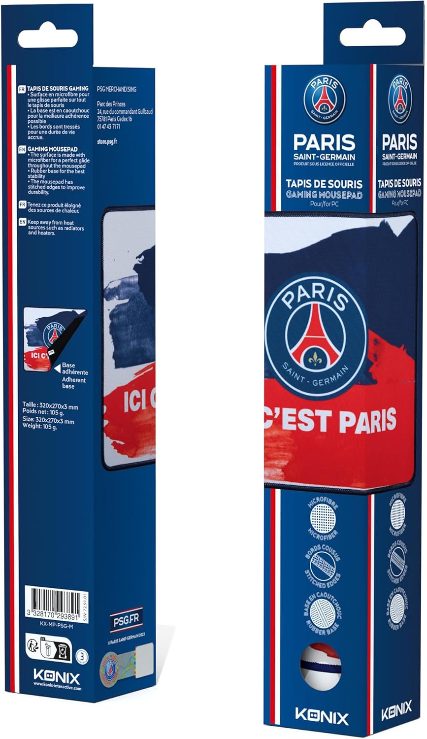 Konix PSG Tapis de Souris Gaming 32 x 27 cm - Surface en Silicone 3D Ultra Fine - Base antidérapante - Motif Ici C'est Paris