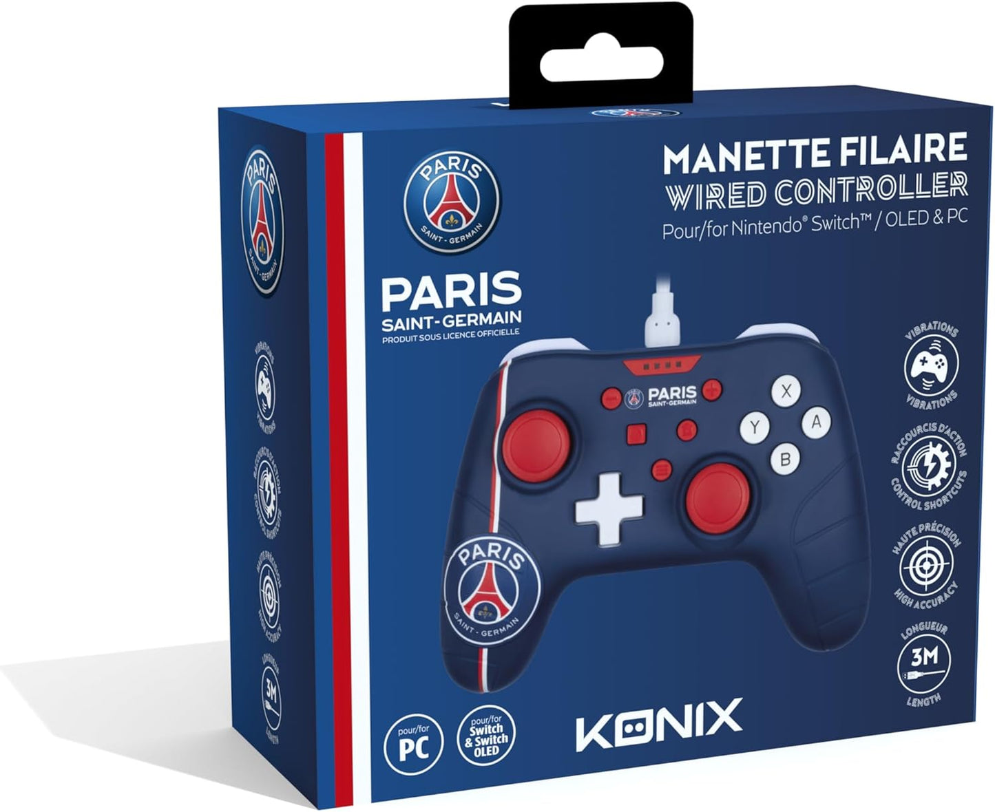 Konix PSG Manette filaire pour Nintendo Switch, Switch OLED et PC - Fonction vibration - Câble 3 m - Bleu, blanc et rouge