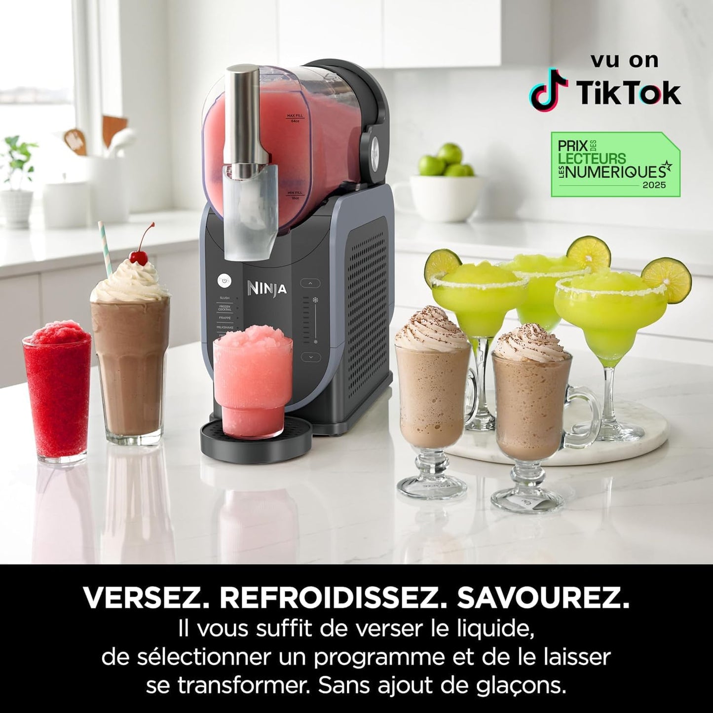 Ninja SLUSHi Machine à boissons glacées, granités, cocktails, frappés, milkshakes et jus glacés, vu on TikTok, sans glace ni préparation requises, capacité 1,9 l, bleu et gris FS301EU