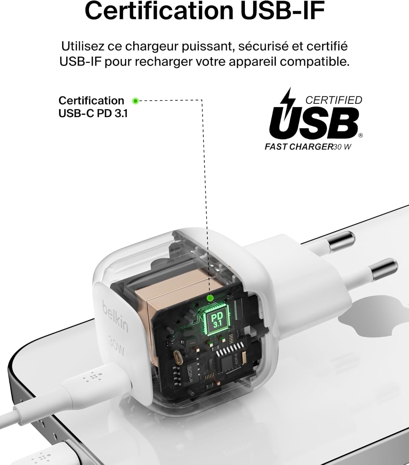 Belkin Chargeur Secteur Compact BoostCharge 30 W (USB-C Power Delivery, Recharge Rapide pour Apple iPhone, Samsung Galaxy, iPad, AirPods, tablettes, etc., câble USB-C vers C Inclus, Blanc)