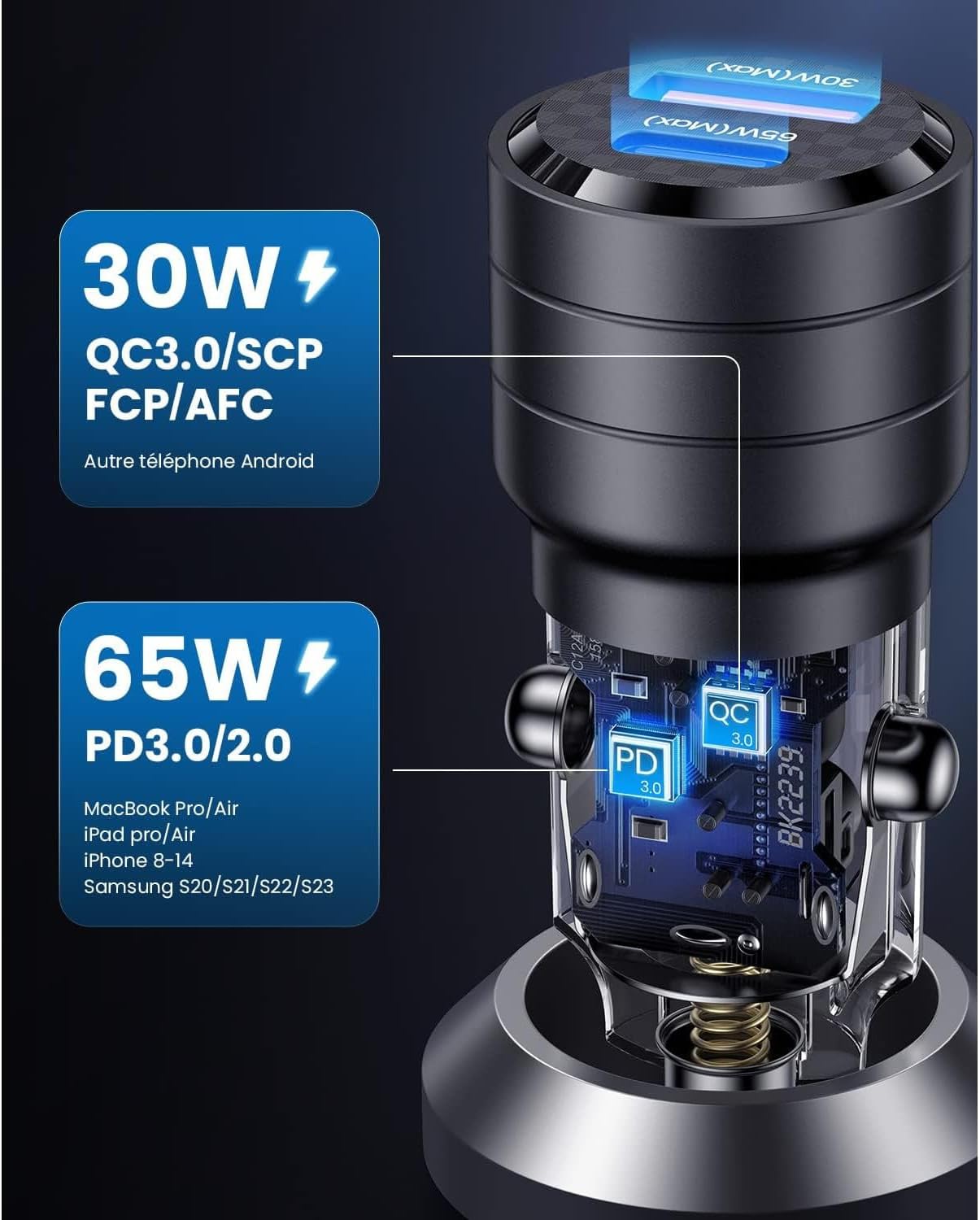 Chargeur Voiture Ultra-Rapide 95w : USB-C PD 65W + USB-A QC 30W - Noir - USAMS