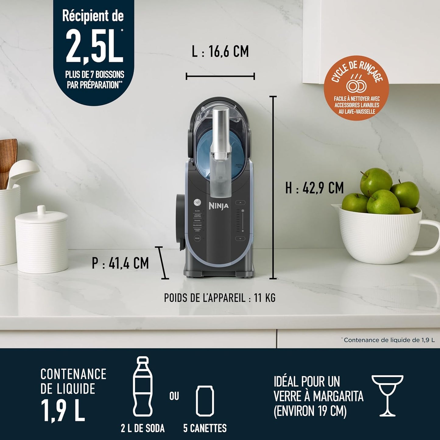 Ninja SLUSHi Machine à boissons glacées, granités, cocktails, frappés, milkshakes et jus glacés, vu on TikTok, sans glace ni préparation requises, capacité 1,9 l, bleu et gris FS301EU