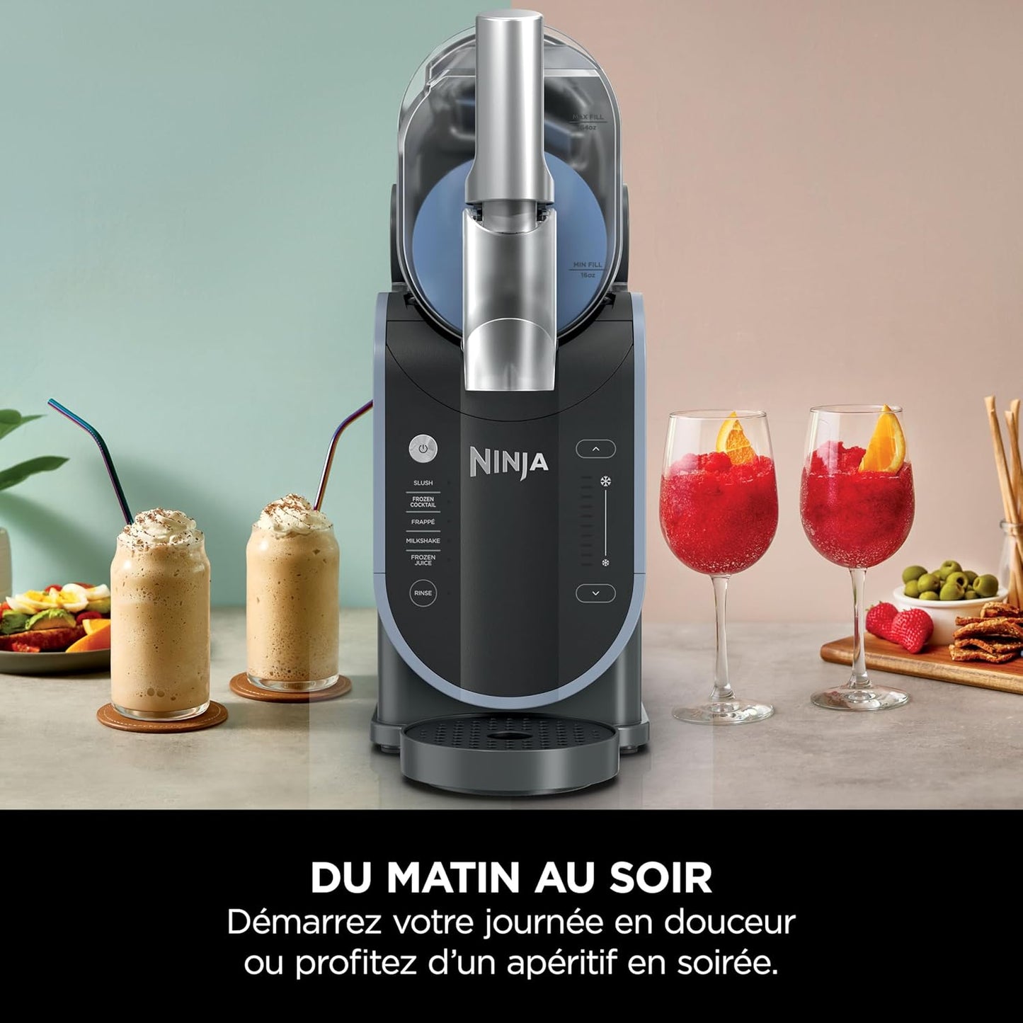 Ninja SLUSHi Machine à boissons glacées, granités, cocktails, frappés, milkshakes et jus glacés, vu on TikTok, sans glace ni préparation requises, capacité 1,9 l, bleu et gris FS301EU