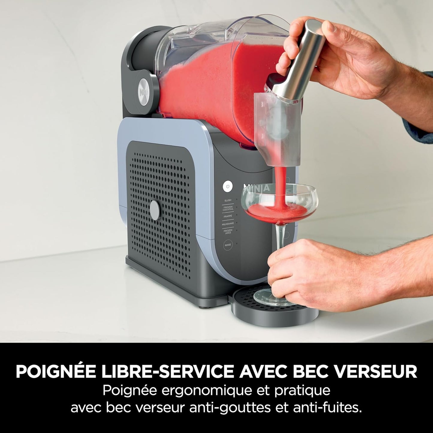 Ninja SLUSHi Machine à boissons glacées, granités, cocktails, frappés, milkshakes et jus glacés, vu on TikTok, sans glace ni préparation requises, capacité 1,9 l, bleu et gris FS301EU