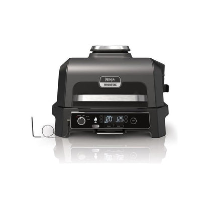 Ninja Woodfire barbecue électrique, grill, fumoir & air fryer, barbecue extérieur 7 en 1, grill, air fryer, fumer, rôtir, four, résistant aux intempéries, antiadhésif, portatif, gris/noir OG701EU