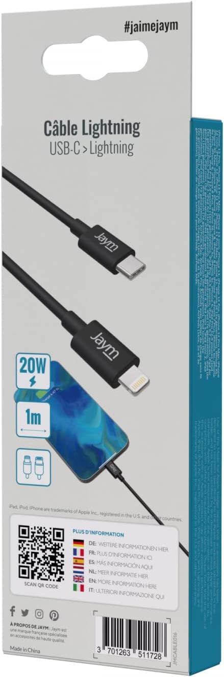 JAYM Câble USB C 1M - Charge Rapide [Certifié MFi] pour iPhone 14/13/13PRO/12/12 Pro Max/12 Mini/11/11PRO/XS/XR/X/8/8Plus/iPad