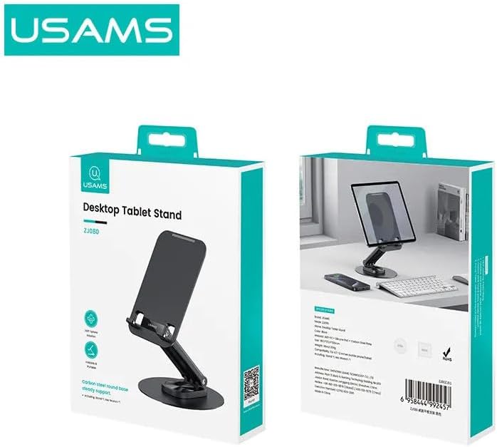 USAMS Support de Bureau Premium Metal Et Aluminium pour Tablettes Et Smartphones (4.7' a 12') - Pliable Et Rotatif 360 - Noir