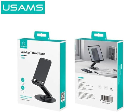 USAMS Support de Bureau Premium Metal Et Aluminium pour Tablettes Et Smartphones (4.7' a 12') - Pliable Et Rotatif 360 - Noir