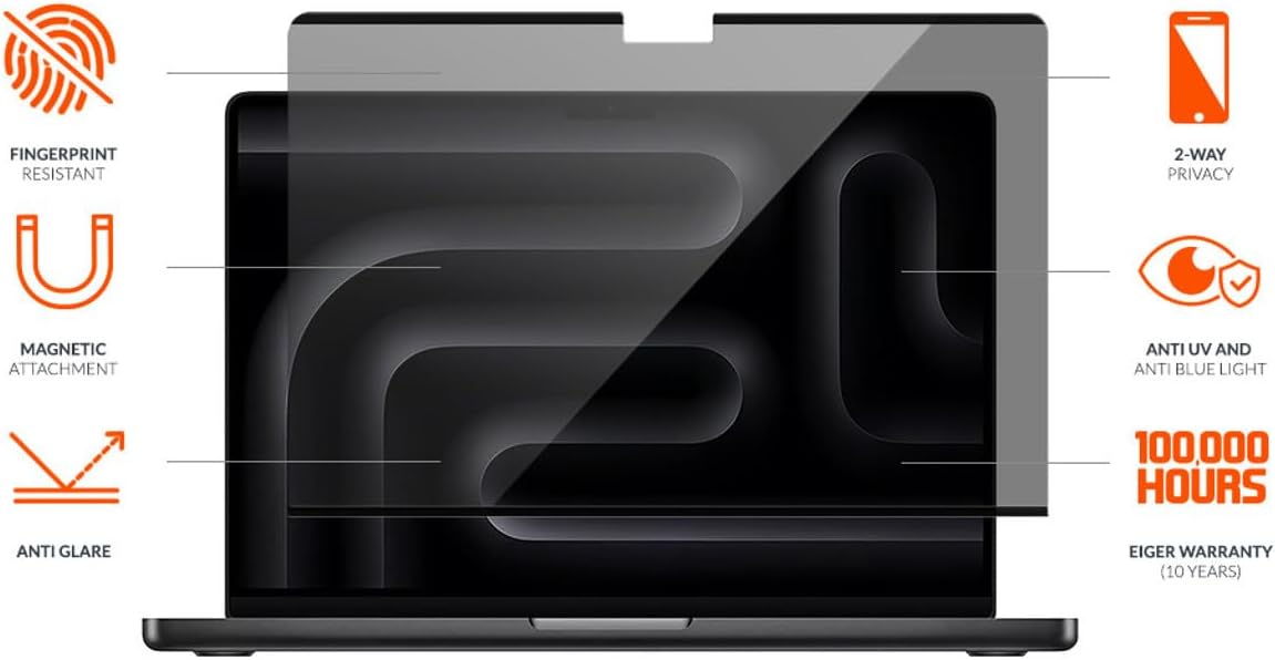 EIGER Mountain Glass - Verre Trempe Premium 2.5d Privacy pour Macbook Pro 16 Pouces (2021/2025)
