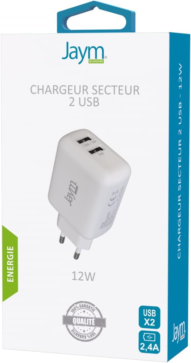 JAYM Chargeur iPhone/MacBook/iPad Pro/Samsung/Google/Android - Chargeur Rapide 12W - Chargeur USB-C - Chargeur Ultra Rapide 2.4A - Chargeur 2 Prises USB