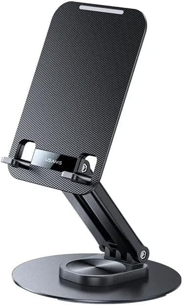 USAMS Support de Bureau Premium Metal Et Aluminium pour Tablettes Et Smartphones (4.7' a 12') - Pliable Et Rotatif 360 - Noir