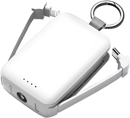 JAYM Batterie de Secours Porte-clés - 4.000 Mah - Cables USB-c Et Lightning Integrés - Lampe Torche - Blanche