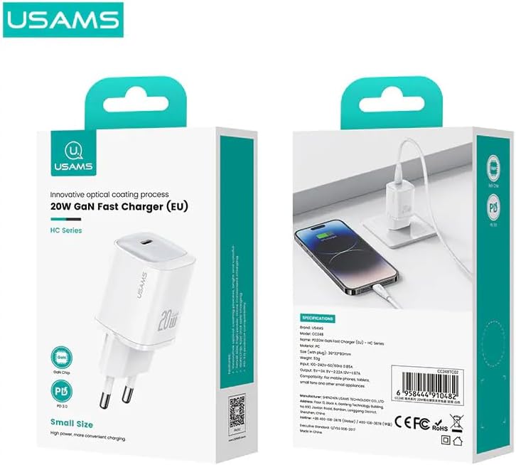 USAMS Chargeur Secteur Compact Et Rapide *gan* USB-c 20w Pd Et Pps Blanc