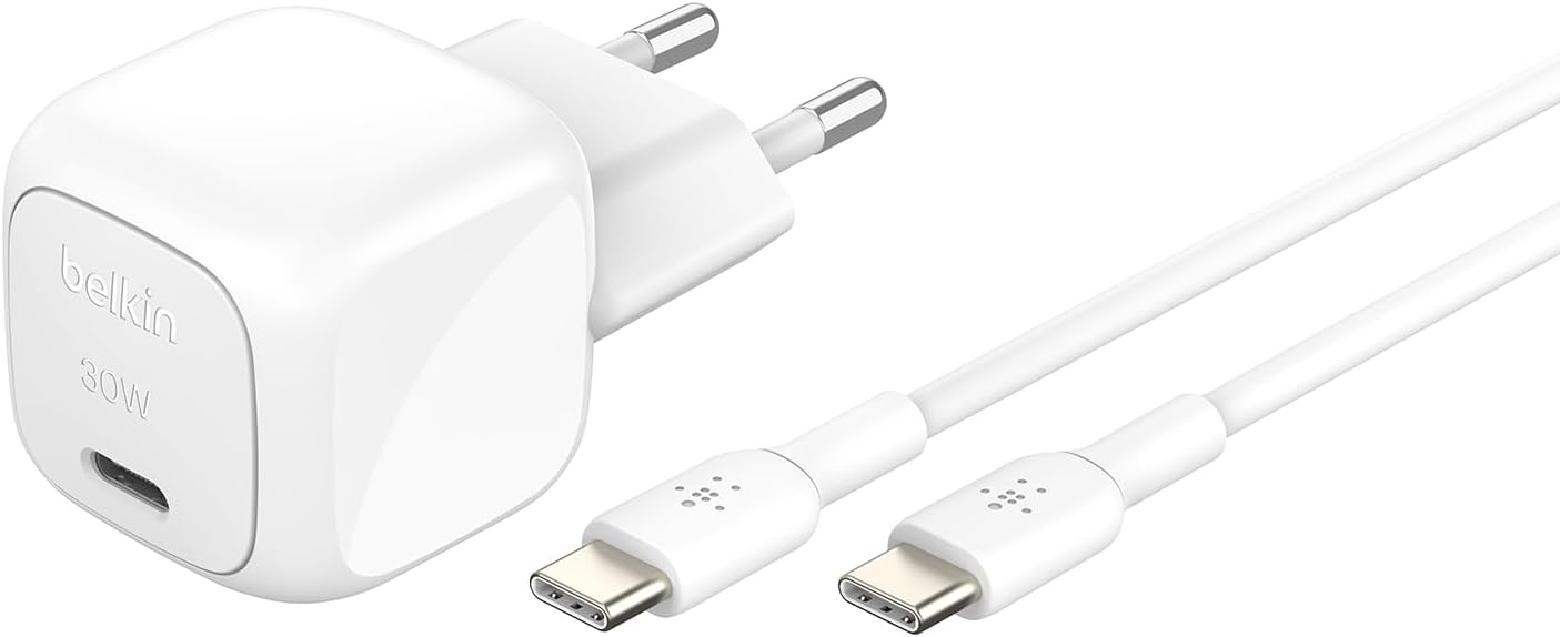 Belkin Chargeur Secteur Compact BoostCharge 30 W (USB-C Power Delivery, Recharge Rapide pour Apple iPhone, Samsung Galaxy, iPad, AirPods, tablettes, etc., câble USB-C vers C Inclus, Blanc)