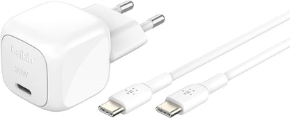 Belkin Chargeur Secteur Compact BoostCharge 30 W (USB-C Power Delivery, Recharge Rapide pour Apple iPhone, Samsung Galaxy, iPad, AirPods, tablettes, etc., câble USB-C vers C Inclus, Blanc)