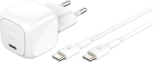 Belkin Chargeur Secteur Compact BoostCharge 30 W (USB-C Power Delivery, Recharge Rapide pour Apple iPhone, Samsung Galaxy, iPad, AirPods, tablettes, etc., câble USB-C vers C Inclus, Blanc)