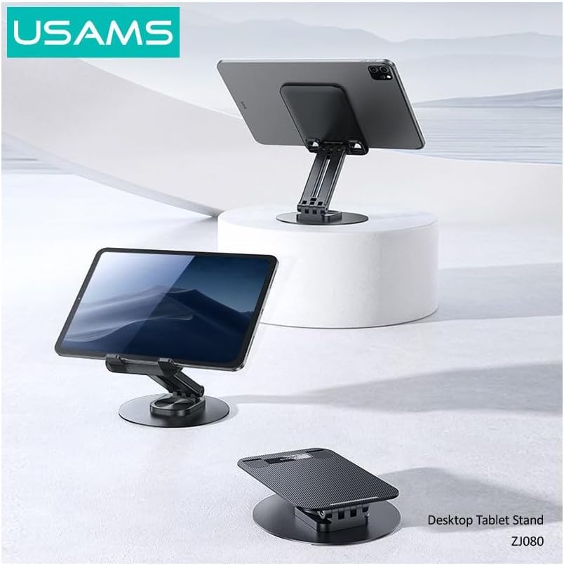 USAMS Support de Bureau Premium Metal Et Aluminium pour Tablettes Et Smartphones (4.7' a 12') - Pliable Et Rotatif 360 - Noir
