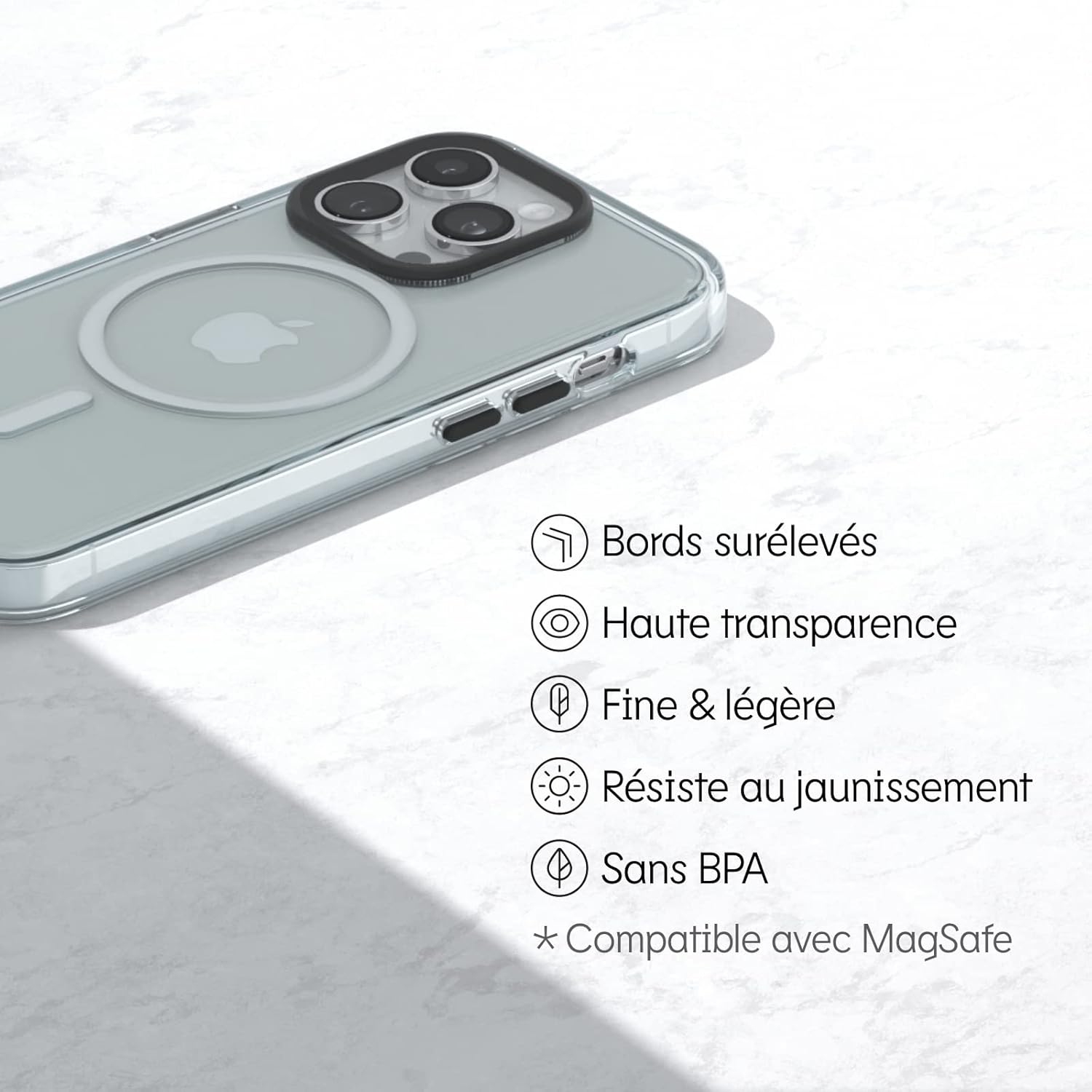 RhinoShield Coque Clear Compatible avec Magsafe pour [iPhone 12/12 Pro] | Force magnétique supérieure, Haute Transparence et résiste au jaunissement. Personnalisable - Contour objectifs Photo Noir