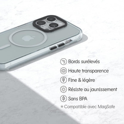 RhinoShield Coque Clear Compatible avec Magsafe pour [iPhone 12/12 Pro] | Force magnétique supérieure, Haute Transparence et résiste au jaunissement. Personnalisable - Contour objectifs Photo Noir