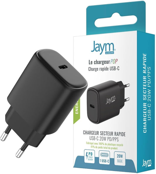JAYM Chargeur iPhone/MacBook/iPad Pro/Samsung/Google/Android - Chargeur Rapide 20W - Chargeur USB-C - Chargeur Noir