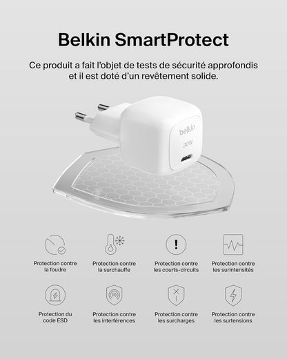 Belkin Chargeur Secteur Compact BoostCharge 30 W (USB-C Power Delivery, Recharge Rapide pour Apple iPhone, Samsung Galaxy, iPad, AirPods, tablettes, etc., câble USB-C vers C Inclus, Blanc)