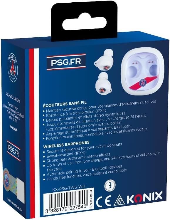 Konix PSG Écouteurs sans Fil pour Smartphones et tablettes - Autonomie 8 h + 15 h boitier - Résistance à l'eau IPX4 - Connexion Bluetooth - Blanc