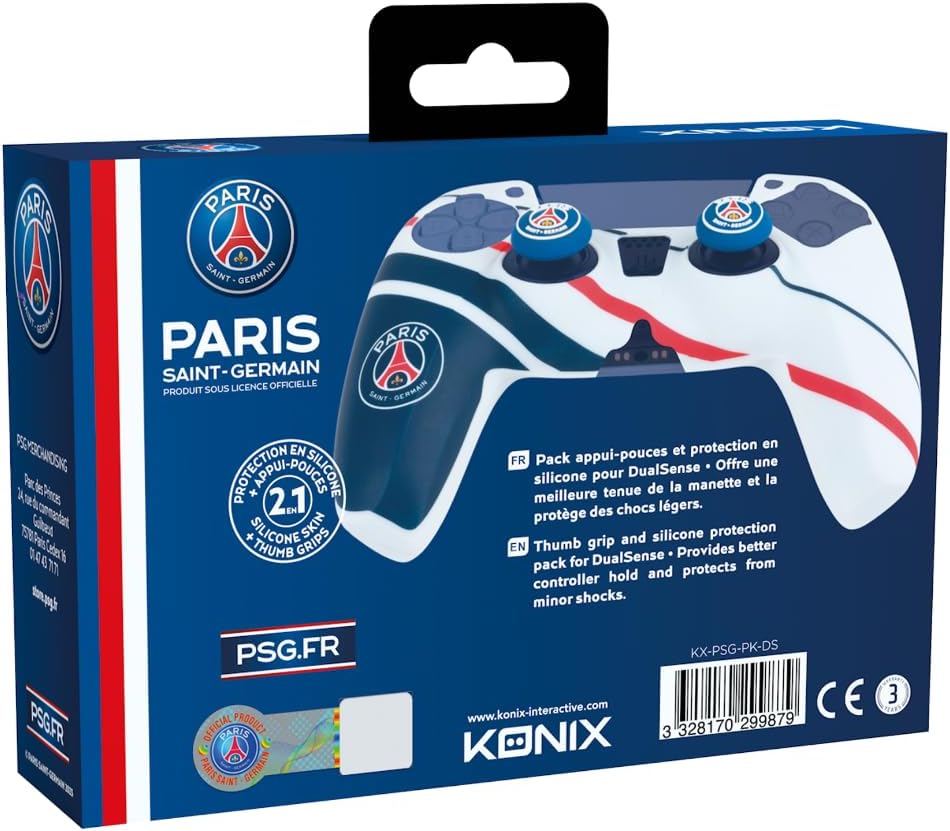 Konix PSG Coque de Protection pour Manette DualSense PS5 - Silicone - Appuie-Pouces - Bleu, Blanc et Rouge