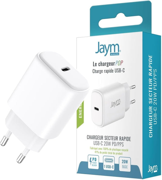JAYM Chargeur iPhone/MacBook/iPad Pro/Samsung/Google/Android - Chargeur Rapide 20W - Chargeur USB-C - Chargeur Blanc