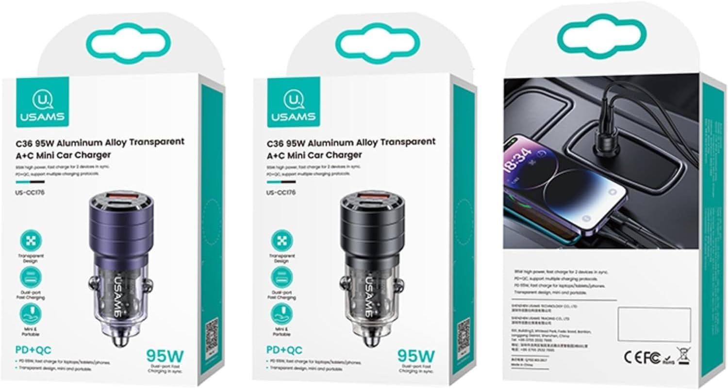 Chargeur Voiture Ultra-Rapide 95w : USB-C PD 65W + USB-A QC 30W - Noir - USAMS