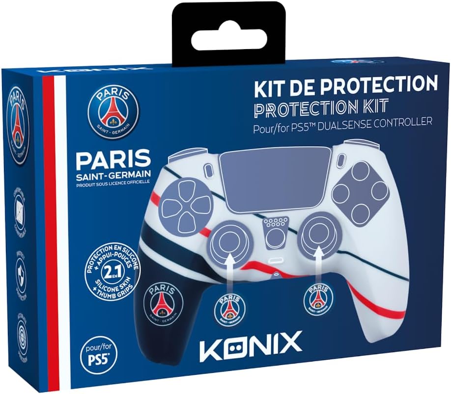 Konix PSG Coque de Protection pour Manette DualSense PS5 - Silicone - Appuie-Pouces - Bleu, Blanc et Rouge