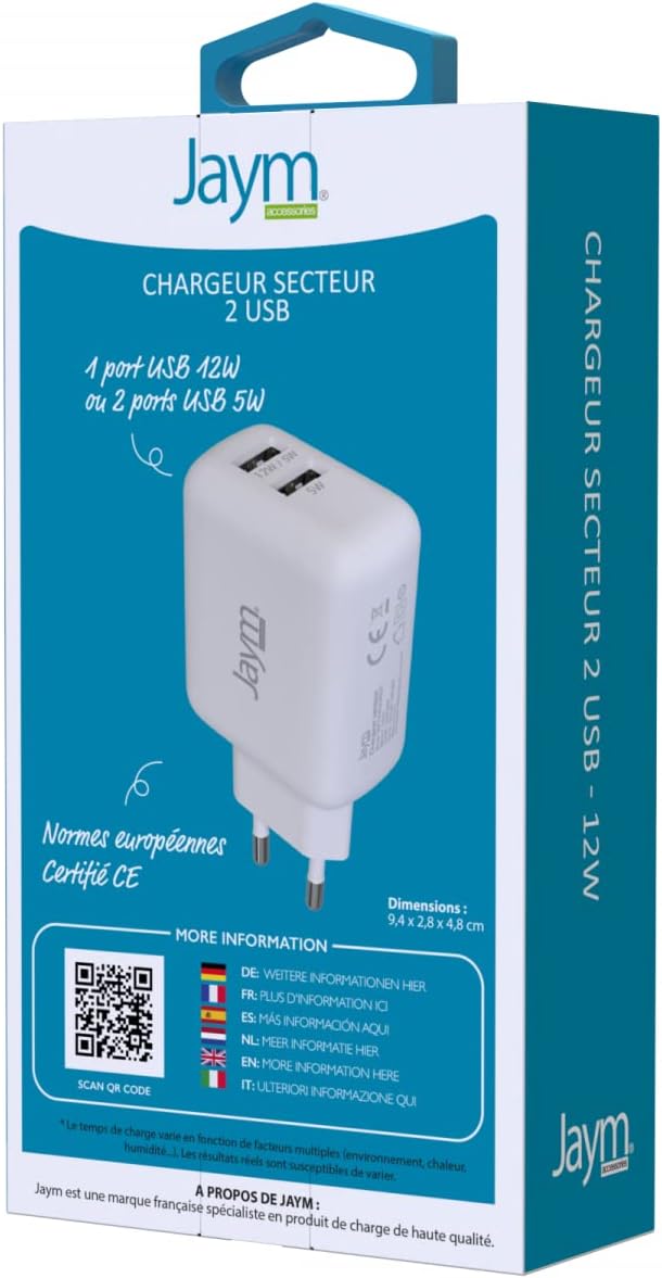 JAYM Chargeur iPhone/MacBook/iPad Pro/Samsung/Google/Android - Chargeur Rapide 12W - Chargeur USB-C - Chargeur Ultra Rapide 2.4A - Chargeur 2 Prises USB