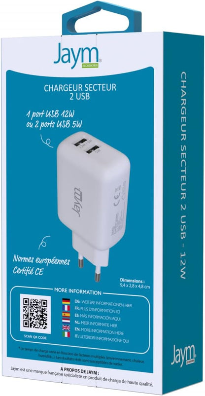 JAYM Chargeur iPhone/MacBook/iPad Pro/Samsung/Google/Android - Chargeur Rapide 12W - Chargeur USB-C - Chargeur Ultra Rapide 2.4A - Chargeur 2 Prises USB