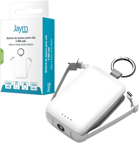 JAYM Batterie de Secours Porte-clés - 4.000 Mah - Cables USB-c Et Lightning Integrés - Lampe Torche - Blanche