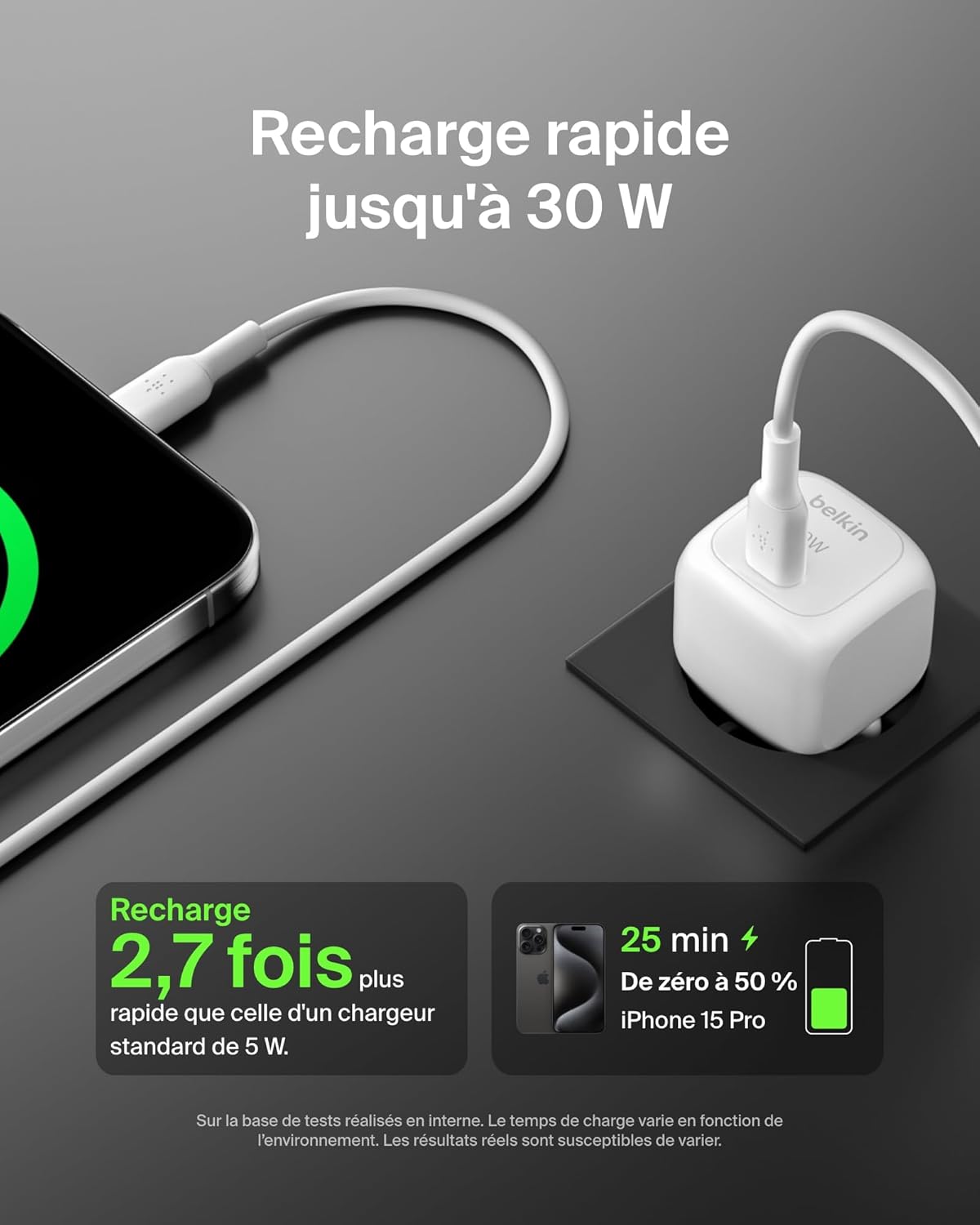 Belkin Chargeur Secteur Compact BoostCharge 30 W (USB-C Power Delivery, Recharge Rapide pour Apple iPhone, Samsung Galaxy, iPad, AirPods, tablettes, etc., câble USB-C vers C Inclus, Blanc)