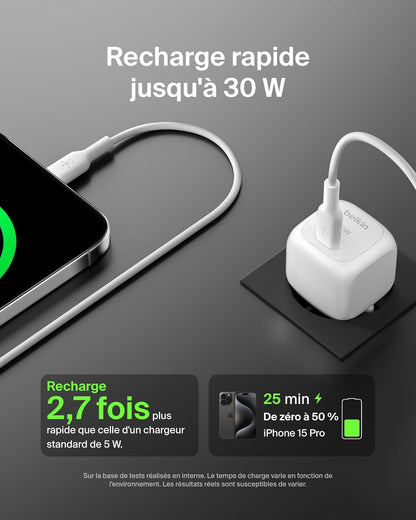 Belkin Chargeur Secteur Compact BoostCharge 30 W (USB-C Power Delivery, Recharge Rapide pour Apple iPhone, Samsung Galaxy, iPad, AirPods, tablettes, etc., câble USB-C vers C Inclus, Blanc)