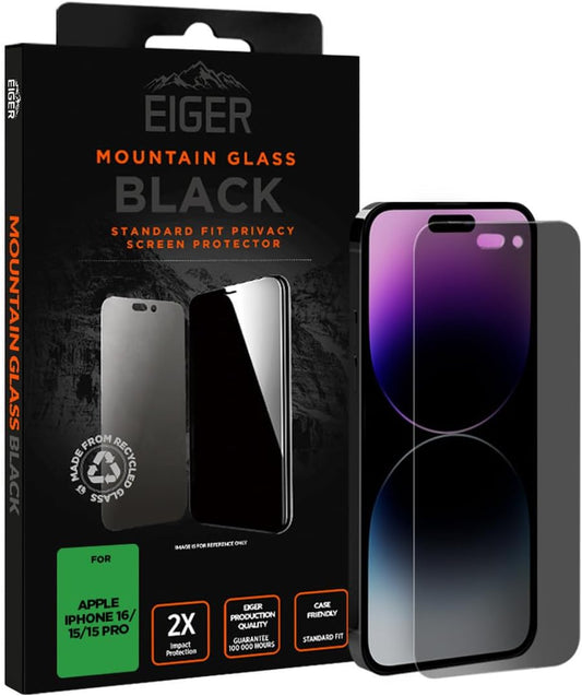 EIGER Mountain Glass - Verre Trempe Premium 2.5d Privacy pour Apple Iphone 15/15 Pro / 16