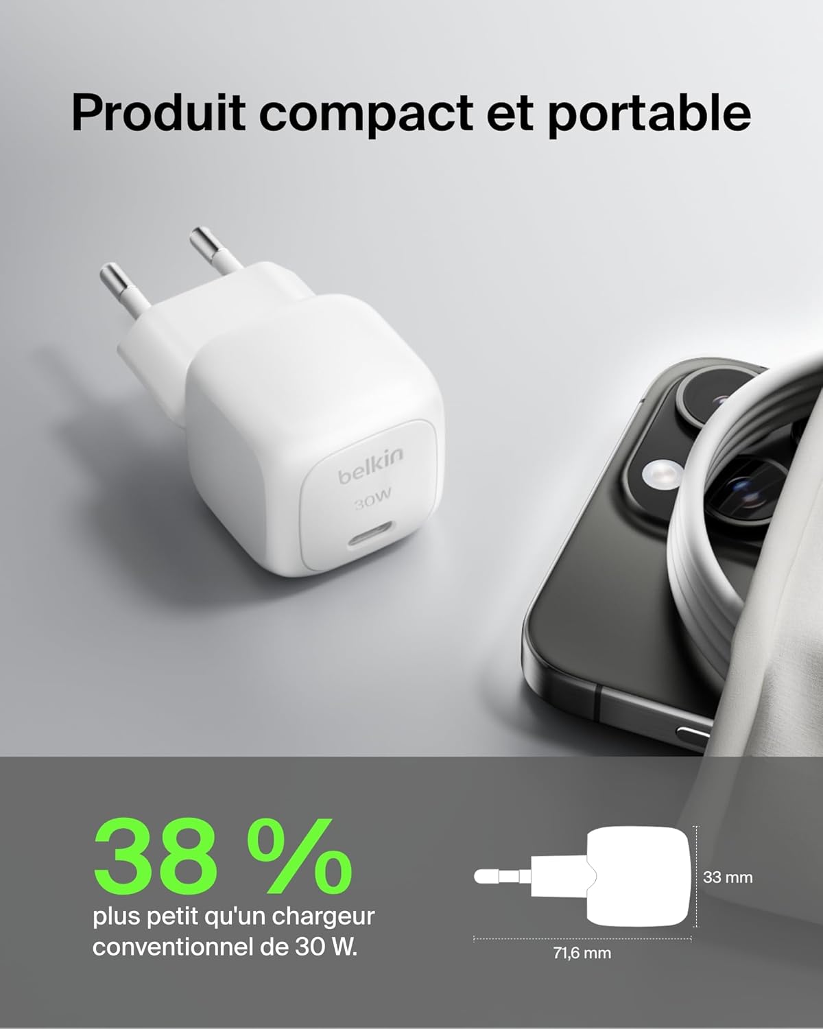 Belkin Chargeur Secteur Compact BoostCharge 30 W (USB-C Power Delivery, Recharge Rapide pour Apple iPhone, Samsung Galaxy, iPad, AirPods, tablettes, etc., câble USB-C vers C Inclus, Blanc)