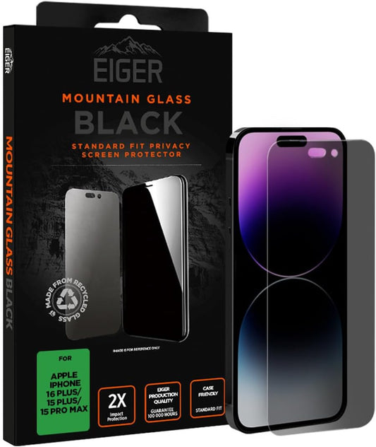 EIGER Mountain Glass - Verre Trempe Premium 2.5d Privacy pour Apple Iphone 15 Plus / 15 Pro Max / 16 Plus