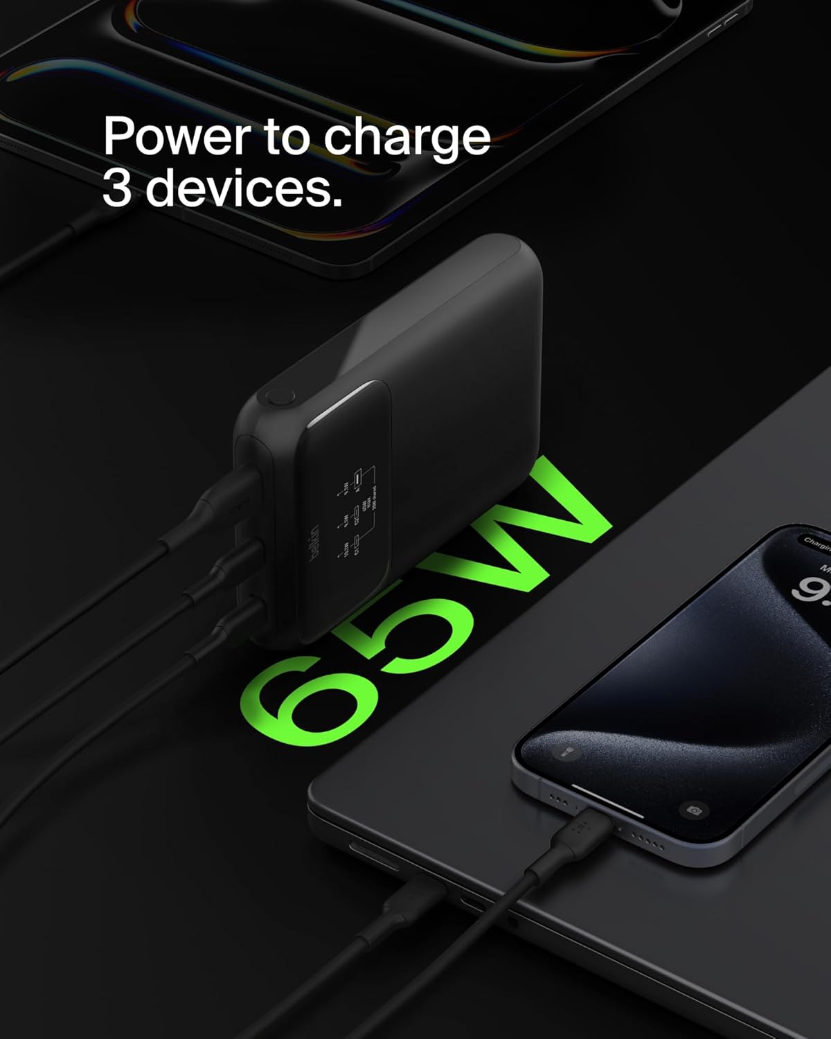 Belkin BoostCharge Batterie Externe 3 Ports pour Ordinateur Portable (20K, Ports USB-C et USB-A, USB-C Power Delivery, pour MacBook, iPhone 16 (Tous modèles), iPad Pro, Galaxy S24, etc., Noir