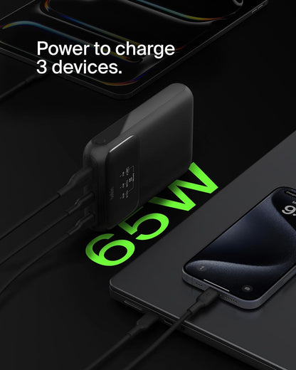 Belkin BoostCharge Batterie Externe 3 Ports pour Ordinateur Portable (20K, Ports USB-C et USB-A, USB-C Power Delivery, pour MacBook, iPhone 16 (Tous modèles), iPad Pro, Galaxy S24, etc., Noir