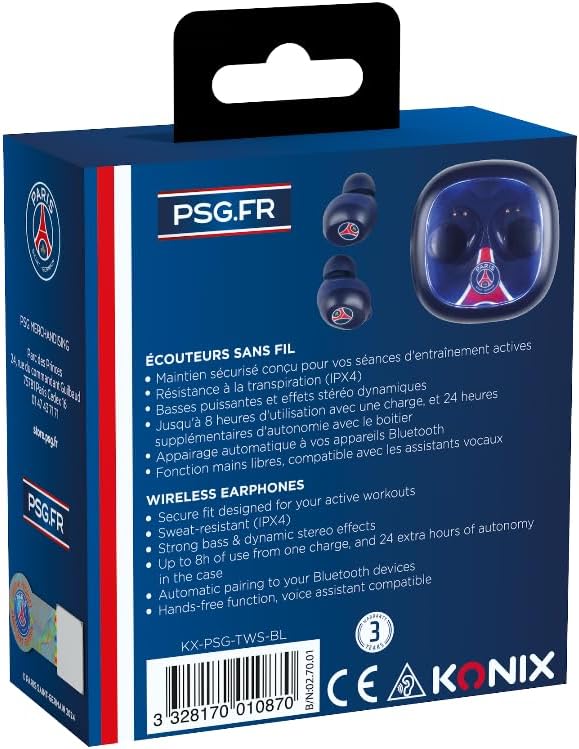 Konix PSG Écouteurs sans Fil pour Smartphones et tablettes - Autonomie 8 h + 15 h boitier - Résistance à l'eau IPX4 - Connexion Bluetooth - Bleu